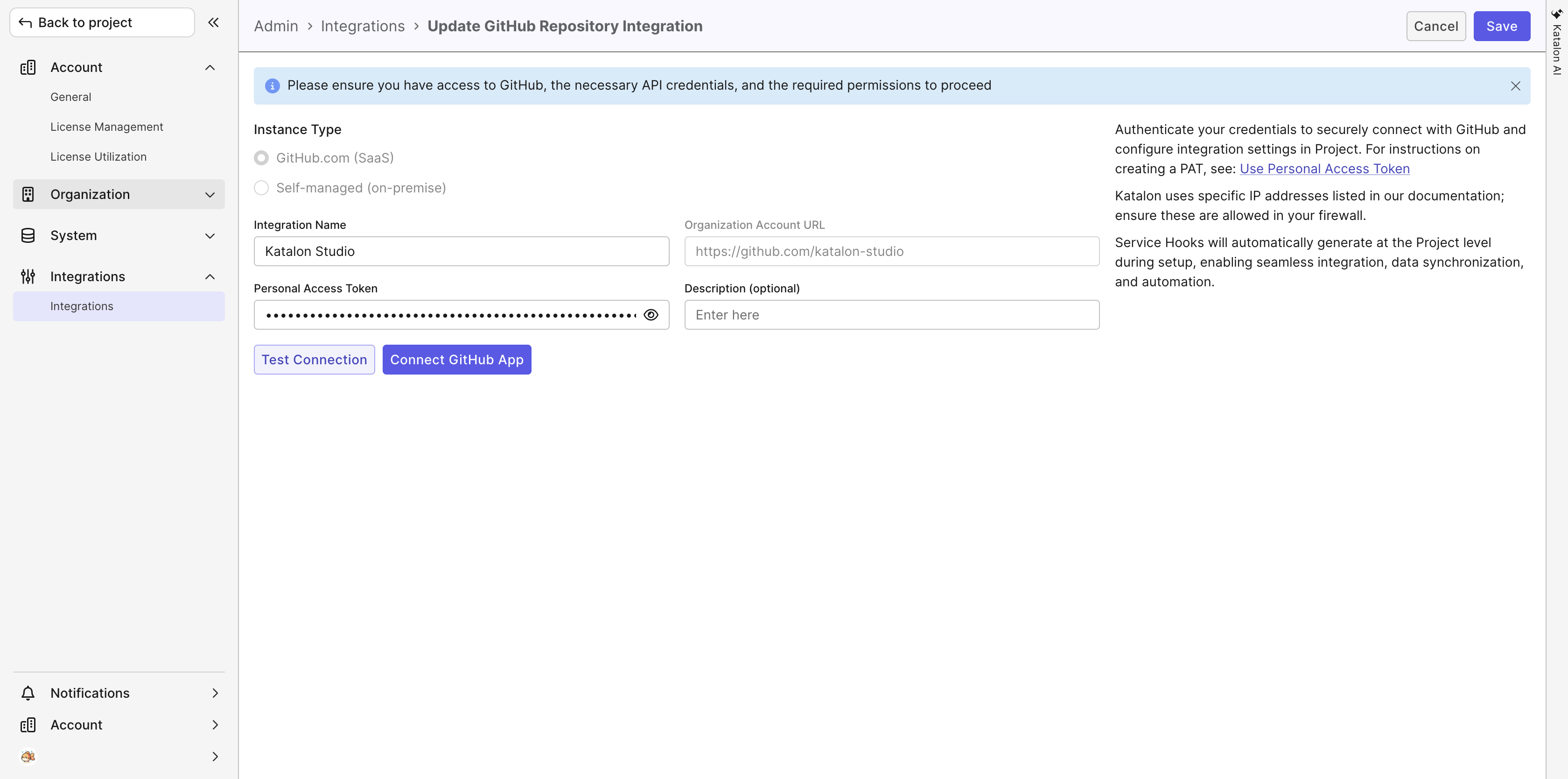The account-level Update GitHub Repository Integration page with instance type, integration name, and personal access token