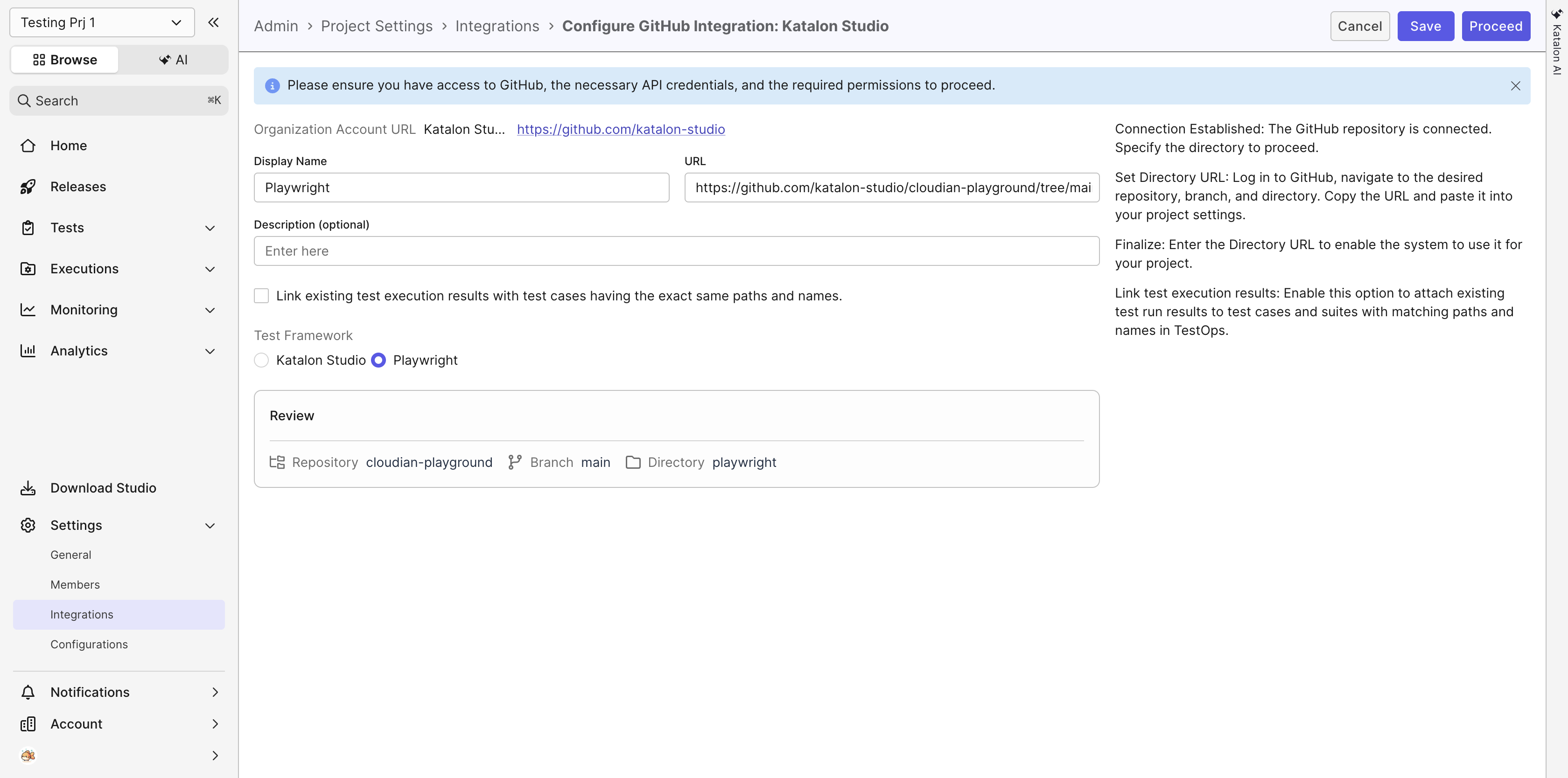 Selecting Playwright as the Test Framework when configuring a Git repository, with the Review panel