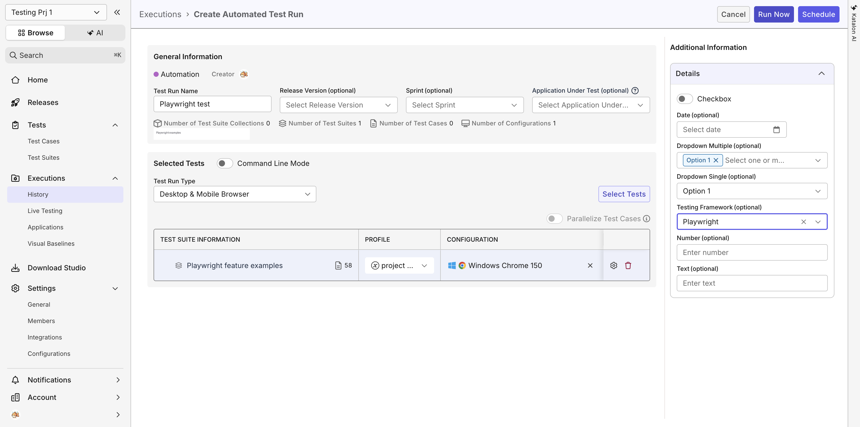 Creating an automated test run for a Playwright test suite with profile, configuration, and Testing Framework set