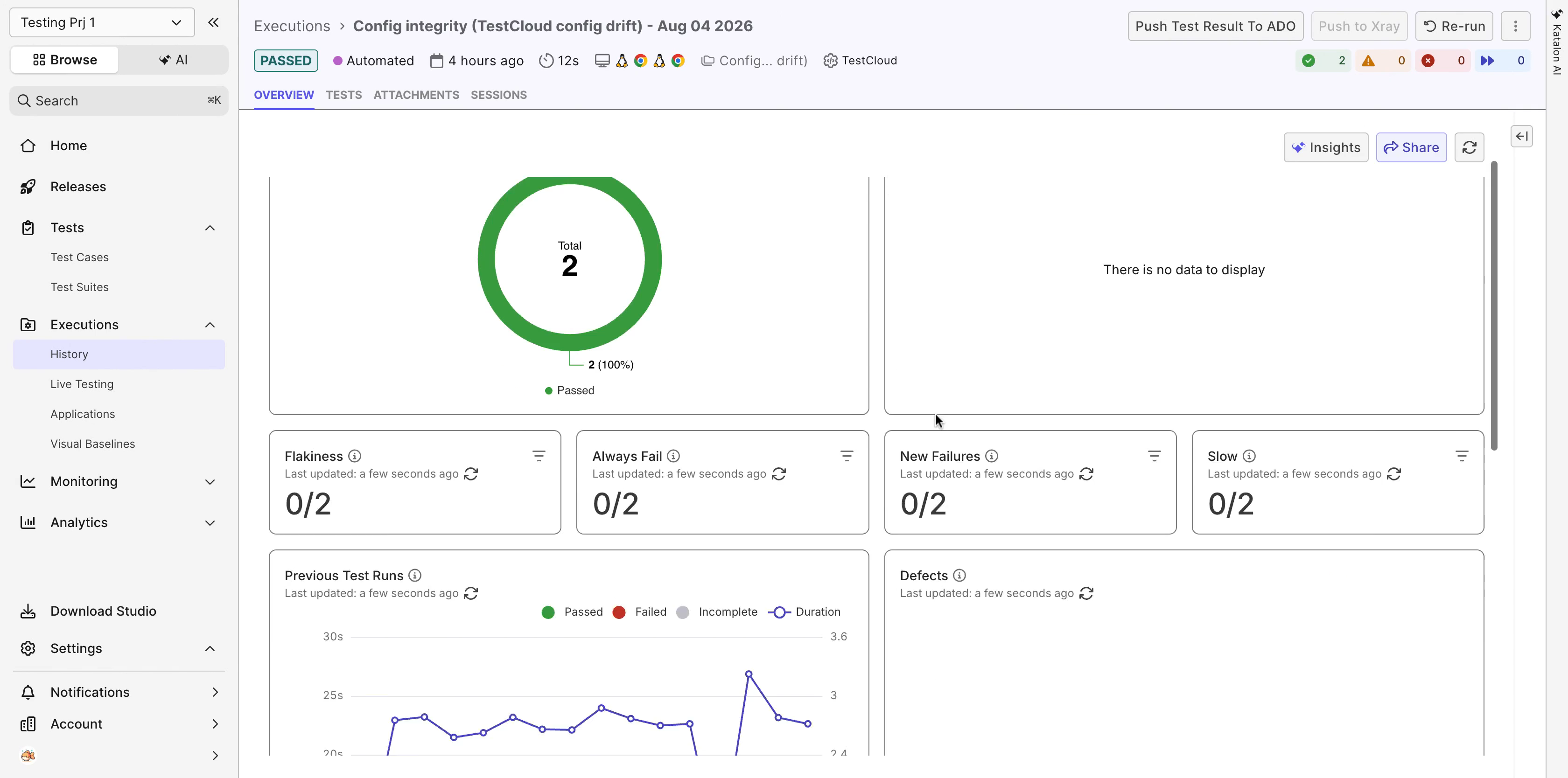 The OVERVIEW tab of a completed Playwright test run with the Test Results Summary donut and counters